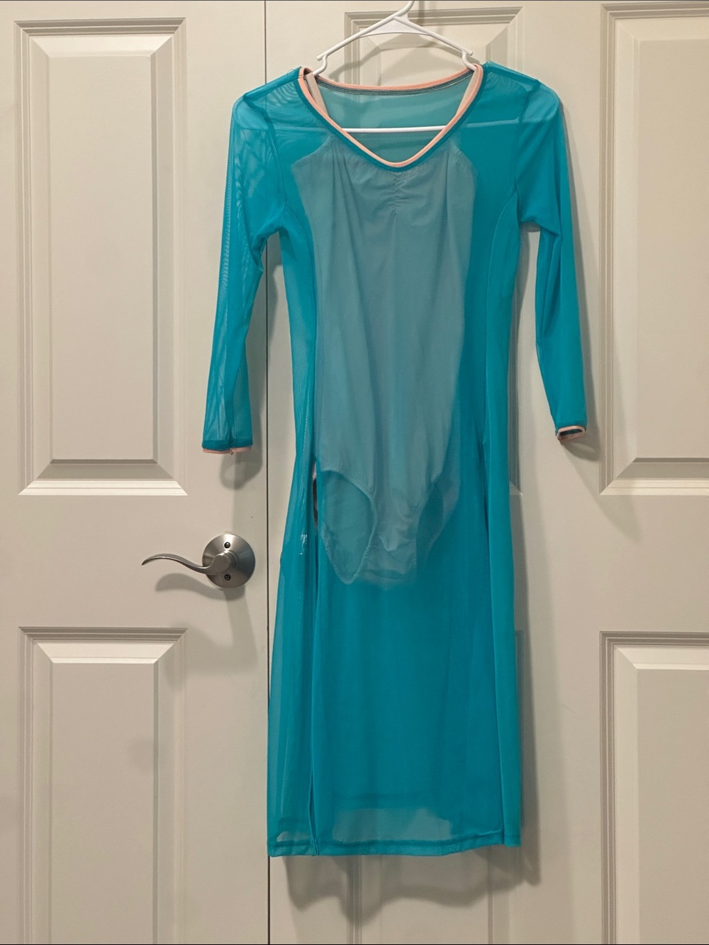 Artistic Dance Design Turquoise Sheer Long-Sleeve Competitive Dance Costume